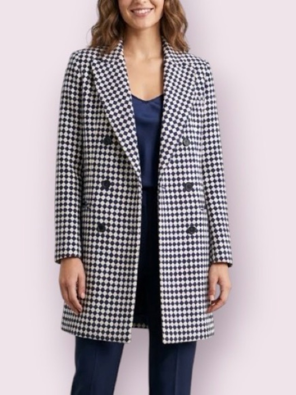 Nasty Gal Double Breasted Longline Houndstooth Blazer Pea Coat Blue White Size 6